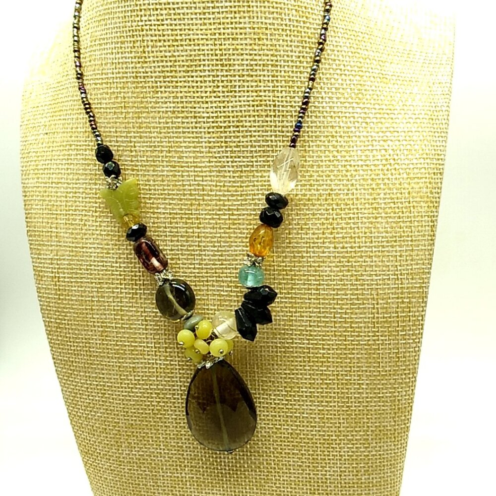 Designer Faceted Yellow Glass Teardrop Multi Color & Size Beaded Necklace Signed